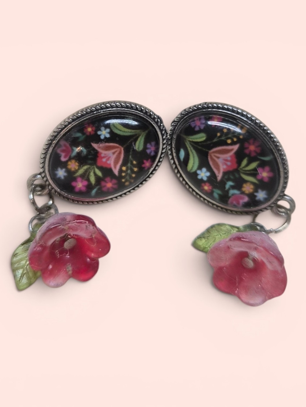 Floral Glass Dangle Earrings in Pink and Green